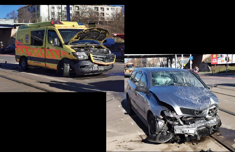 FOTÓK: Személyautó és mentő ütközött a 11. kerületben, többen megsérültek