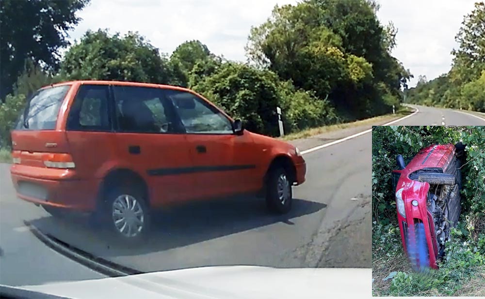 A kamera előtt pördült meg és borult az árokba egy Suzuki