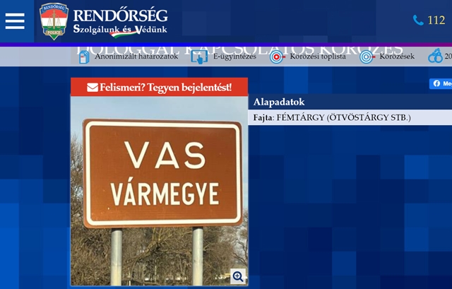 Vármegye táblát loptak tolvajok